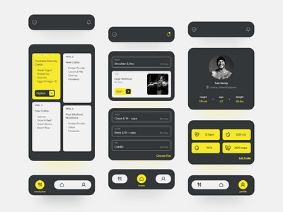 The Fitness App adobe xd app design black dark theme dark ui fitness app health app home page meal planner presentation profile skill mix tracker uidesign uxdesign workout workout app workout tracker