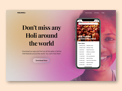 Web design - Hero Section - Holi Festival of Colours app design app news aurora colors colours dates download now effect festival of colours glass holi holi festival iphone phone ui ui design ux ux design