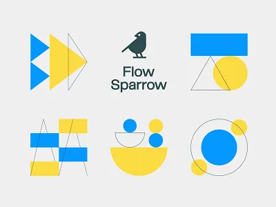 Flow Sparrow abstraction bauhaus bird blue brand identity branding circle geometric geometry icon icon set iconography logo minimal rectangle sparrow square triangle website icons yellow