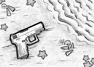 Gun on Sandy Beach art beach digital digital illustration drawing firearm gun illustration line line art lineart ocean pistols sand sandy sea seashells shells water weapon