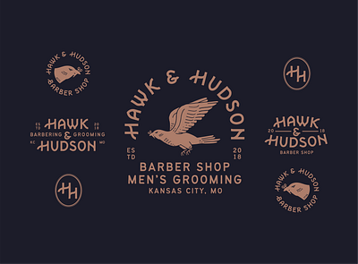 Hawk & Hudson Full Brand barber barber shop branding design illustration kansas city logo