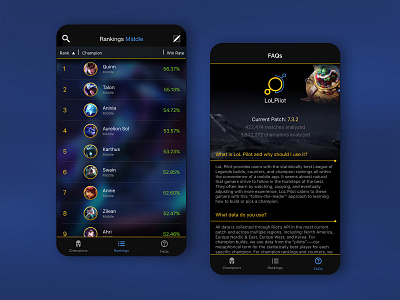 LoL Pilot — Rankings & FAQs UI faqs ios league of legends mobile app mobile ui rankings ui