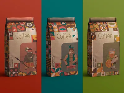 Packaging design and character development for coffee adobe illustrator adobe photoshop character character design geometric illustration illustration packagingdesign pattern