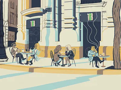 Cigarettes and Coffee in the Sun cartoon illustration character illustration city illustration cityscape digital illustration doodleart editorial illustration funny character funny illustration illustration narrative