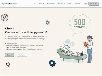 Error page 500 - Internal Server Error cta design error error 500 error page illustration internal server error landing page logo mental health mental health platform project psychology support platform ui ux vector vector illustration web service webdesign