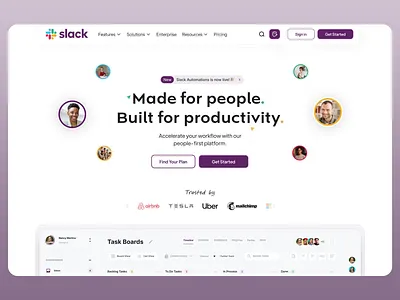 Slack | Teamwork Platform business collaboration cooperation employee group work landing page management platform productivity project management saas task automation task board task management timeline user interface uxui web design white layout workflow