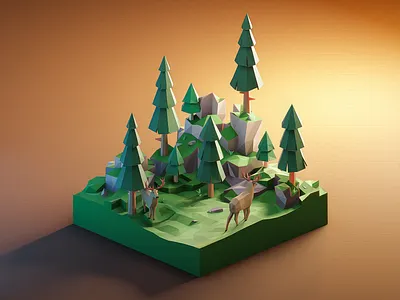 Deer in a forest - low poly natural environment 3d 3dart 3ddesign 3dillustration 3dmodeling animals blender deer design diorama environment illustration isometric low poly lowpoly lowpolyart nature renders rocks spruces