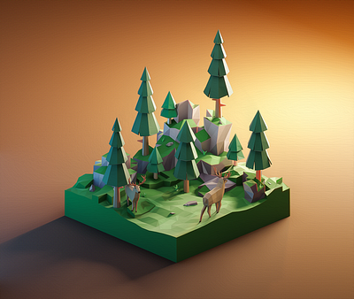 Deer in a Forest - low poly natural environment 3d 3dart 3ddesign 3dillustration 3dmodeling animals blender deer design diorama environment illustration isometric low poly lowpoly lowpolyart nature renders rocks spruces