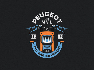 Peugeot 103 MVL - 1985 badge design bike black blue cyclo design français french illustrator logo moped moto orange peugeot photoshop ribbon truegrit vector art vector illustration vintage