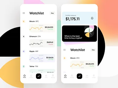 Cryptocurrency Exchange App app balance bitcoin cards cash charts colorful cryptocurrency exchange finance geometric graphs interface ios list menu trading ui ux wallet