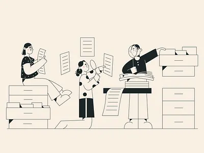 Illustrated for useTopic archive black and white blog illustration character clean illustration illustration illustration 2d line art minimal minimal illustration outlines papers people searching teamwork vector vector art web illustration work workspace