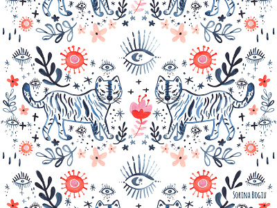 Mystic Watercolor Tiger and Folsky Floral Pattern Design blue eye floralpattern flowers folk folkart handpainted homedecore illustration pattern photoshop surfacedesign surfacepatterndesigner tiger watercolor watercolor painting watercolorpattern