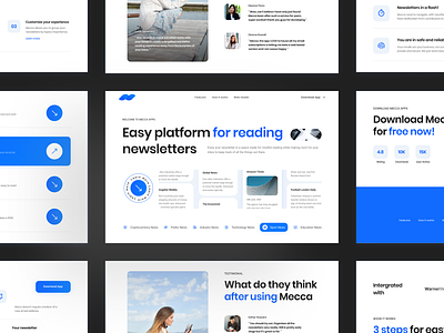 Mecca - Easy Platform for Reading Newsletters agency app article blog blue card clean download landing page media newsletter organize platform product professional publication read reading subscriptions website