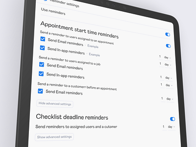 Reminder settings buttons checkbox clean interface ipad job management mobile settings switcher toggle ui web app