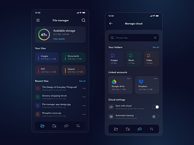 File manager app app design dark theme design figma file explorer file manager glass layout mobile app ui ui ux design