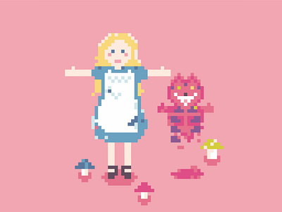 ALICE 2d 2d art aliceinwonderland art cartoon cat fairytale mushroom pink pixelart