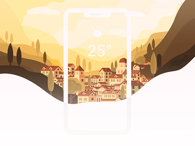 Weather App Concept croatia hills illustration landscape mobile mountains sunny sunrise sunset temperature town ui ux weather weather app weather forecast weather icon week