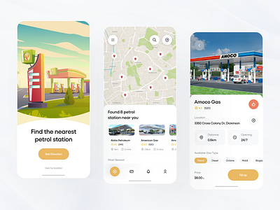 Petrol Station Finder 3d app design app ui clean design fuel gas station interface design minimal mobile mobile app mobile app design petrol petroleum piqo design popular design related: petroleum ui design uiux design user interface