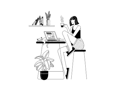 Work from home adobe illustrator black and white blackandwhite character contour illustration laptop line art lineart outline outlined vector vector art vector artwork vector illustration woman woman illustration work workfromhome workspace