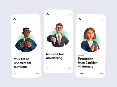 Onboarding For Caller 3d app clean design green illustration iphone mobile ui ux