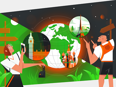 Traveling while working architecture cathedral character character design flat geometrical globe gradient illustration landmark minimal planet plants shapes sightseeing travel travelling vector