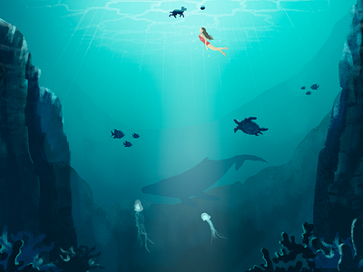 Traveling girl - Diving 2d art artwork brush painting creative design designing with illustration diving drawing finearts graphic design illustration illustrator ocean painting procreate sea travel traveling underwater
