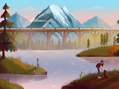 Traveling girl - Forest art brush painting creative design designing with illustration dog drawing finearts forest girl traveling graphic design illustration illustrator lake landscape mountains painting procreate travel view