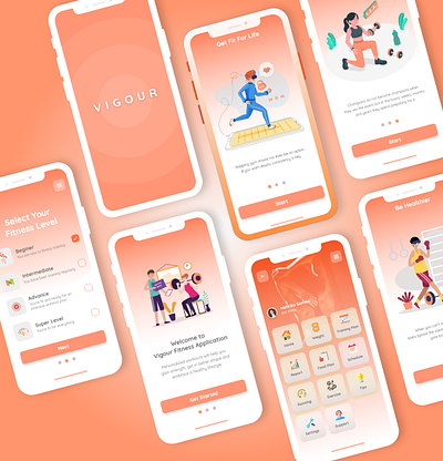 Vigour Fitness Mobile Application - UX/UI Design adobxd app best design clean concept creative design 2021 fitnessapp gym illustration latestmobileui minimal mobile mobile design mobileapp mobiledesign mobileui mobileux trendymobileapp uiux