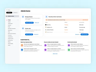 Admin home in Settings 👩🏻‍✈️⚙️ activity feed admin admin dashboard email front frontapp home homepage onboarding product design settings settings ui shared inbox shortcuts