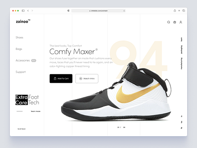 Zainoo - Shoe Website Product Page Freebie design ecommerce homepage interface landing landingpage landingpagedesig minimal shopify ui uidesig web webdesign website websitedesig