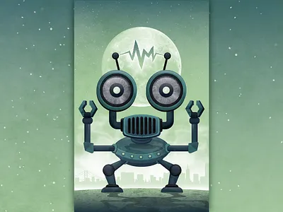 Robot in San Francisco alien electric eyeball eyes graphic art graphic design green illustration illustrator illustrator art illustrator design machine monlight robot steampunk texture vector