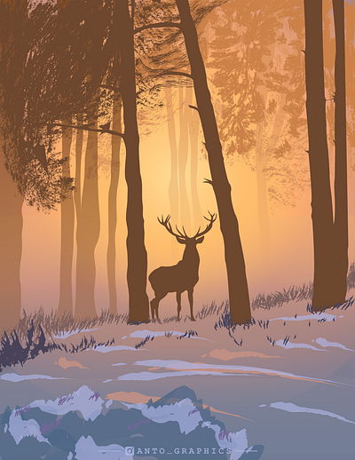 Lone Stag foggy illustration illustration art stag sunrise vector art vector illustration wallpaper design