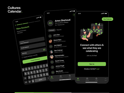 Cultures Calendar app design calendar cards clean cultures dark ui design features holiday icon ios app minimalistic modern platform social ui ui design uiux ux ux design