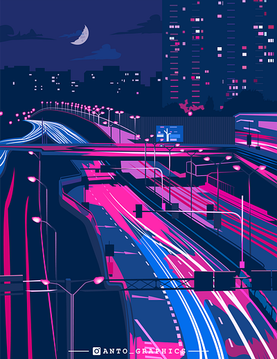 Pink Overpass illustration art moonlight neon colors neon light neon lights pink pink and blue pink wallpaer street lights tail lights vector art wallpaper design