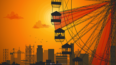 The Carnival birds buildings carnival color concept giant wheel graphic design illustrator silhouette sunset vector art vector illustration wallpaper