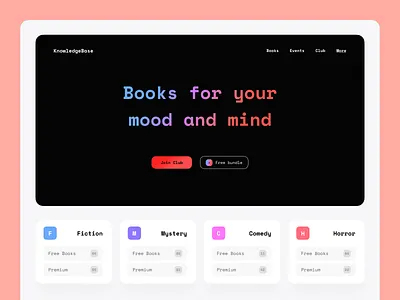 KnowledgeBase - Books website book book shop book website books bookshop bookstore bundles cta button dark ui genres gradient gradient design home page homepage design landing page landingpage minimal new design reading rounded corners