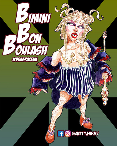 Bimini Bon Boulash caricature illustration pen and ink watercolor watercolour