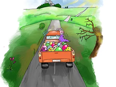 Easter's comming bunnies cartoon city colors easter easter bunny easter egg fields flat humor nature art polkadot spring van