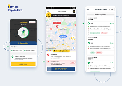 Rapido hire - Book the bike for as much time as you want accept ride android app design b2b captain clean design driver drop icons interaction location mobile mobile app money order package ride details ui ux
