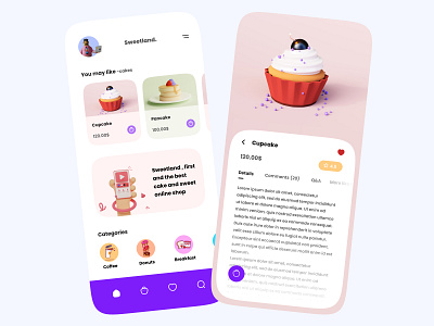 Sweet land shopping app 3d cake candy clean clean ui concept design e comerce e commerce e commerce app e commerce design e commerce shop minimal product page tabbar ui