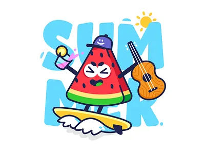 Summer! cartoon character creative cute drink flat funny graphic design guitar happy illustration mascot music stickermule summer sun surf t shirt vibes watermelon