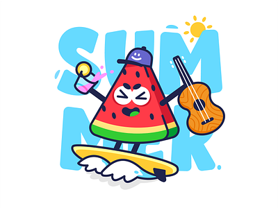 Summer! cartoon character creative cute drink flat funny graphic design guitar happy illustration mascot music stickermule summer sun surf t shirt vibes watermelon