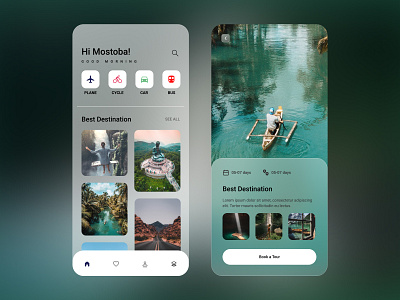 TravelTrip accomodation app colour concept creative design destination food glassmorphism google illustrator minimal neumorphism transition transportation travel typography ui ux web