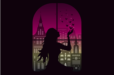 dreaming girl butterfly girl illustration night silhoutte town vector