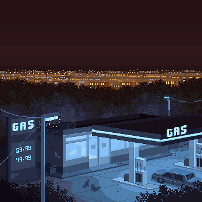 Gas Station 8bit aesthetic blue cityscape contrast gas illustration mellow moody night pixelart retro roadtrip scenery