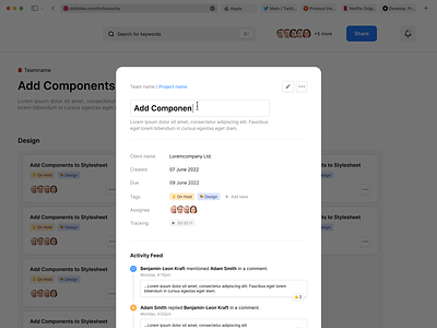 Task Management Panel Component activity feed attachments component design mangement members modern panel product task ui user interface widget