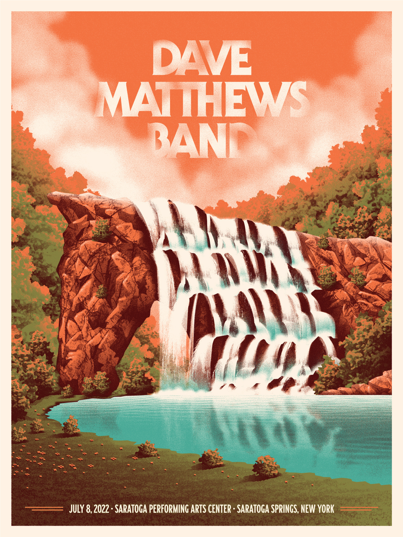 Dave Matthews Band Saratoga Springs, NY Poster dan kuhlken dave matthews band design dkng dkng studios gig poster horse illustration nathan goldman new york poster saratoga springs vector waterfall