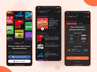 Podcast App audio episode login mobile app onboarding ui payment player podcast podcast app podcasting pricing pricing plan subscription walkthrough screen