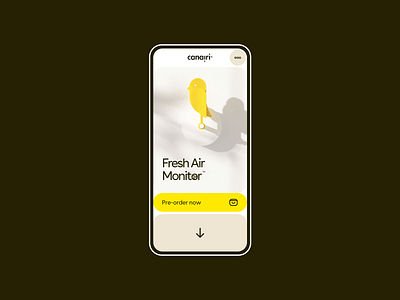 Canairi Hero Header Mobile Redesign | Fresh Air Monitor bird clean fresh air gadget fresh air monitor hero header icon minimal mobile mobile web layout pre order shop responsive hero section typography ui ui design ux ux design web web design website yellow