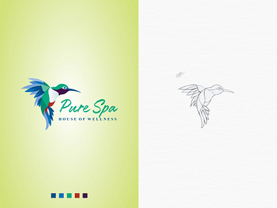 Pure Spa Bird Logo artistic bird illustration bird logo blue custom type green humming bird hummingbird logo illustration logo logo design modern design modern logo nature logo pure spa spa logo vector wellness logo